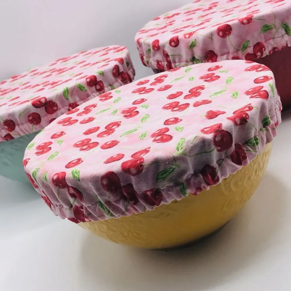 Cotton Bowl Cover For Sourdough, 3 Size Set, Reusable Washable Cherries Pink Red